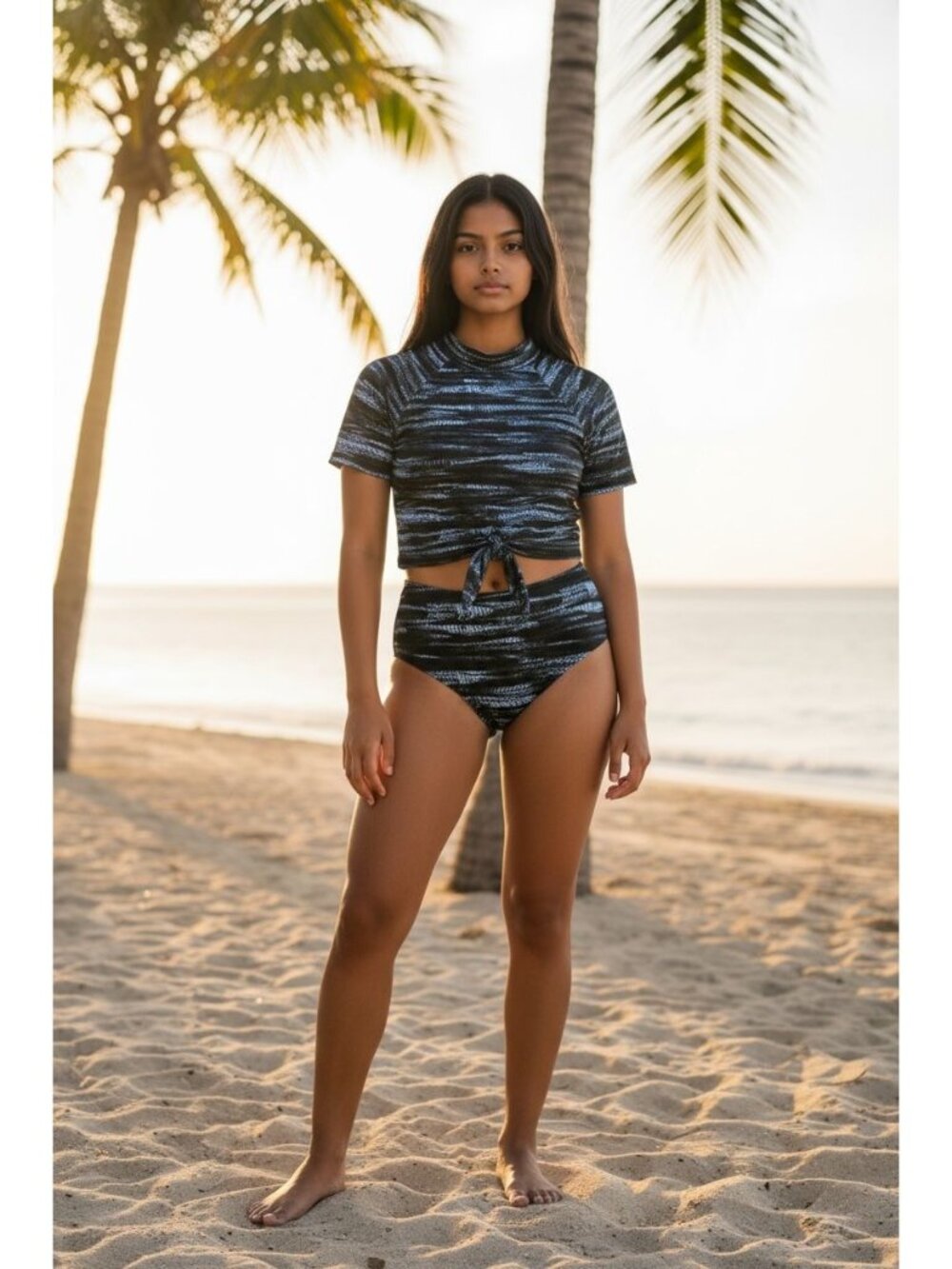 Z By Zella Girls 16 Two Piece Rash Guard Swim Set Black Blue UFP 50+